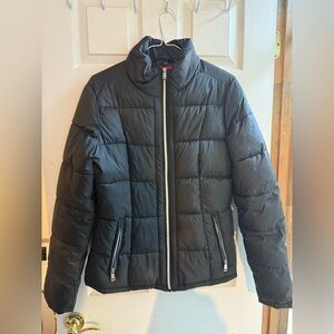Black Puffer Jacket with Zipper Details